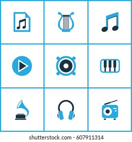 Multimedia Colored Icons Set. Collection Of Gramophone, Headset, Note And Other Elements. Also Includes Symbols Such As Earmuff, Harp, Fm.