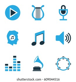 Multimedia Colored Icons Set. Collection Of Music Lover, Play, Harp And Other Elements. Also Includes Symbols Such As Lover, Sound, Note.
