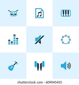 Multimedia Colored Icons Set. Collection Of Playlist, Volume, Headphone And Other Elements. Also Includes Symbols Such As Equalizer, Musical, Mixer.