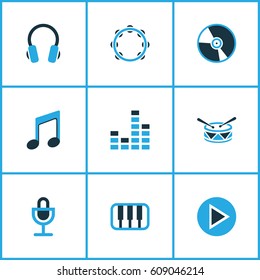 Multimedia Colored Icons Set. Collection Of Mixer, Drum, Note And Other Elements. Also Includes Symbols Such As Piano, Timbrel, Equalizer.