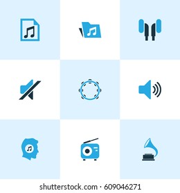 Multimedia Colored Icons Set. Collection Of Music Lover, Volume, Playlist And Other Elements. Also Includes Symbols Such As Dossier, Gramophone, Phonograph.