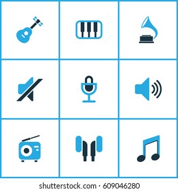 Multimedia Colored Icons Set. Collection Of Radio, Guitar, Microphone And Other Elements. Also Includes Symbols Such As Phonograph, Gramophone, Note.