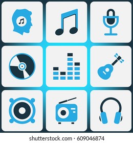 Multimedia Colored Icons Set. Collection Of Headset, Note, Mixer And Other Elements. Also Includes Symbols Such As Megaphone, Cd, Microphone.