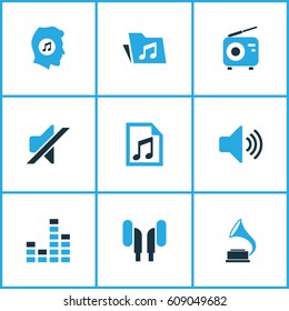 Multimedia Colored Icons Set. Collection Of Mixer, Folder, Radio And Other Elements. Also Includes Symbols Such As File, Dossier, Earmuff.