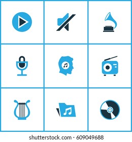 Multimedia Colored Icons Set. Collection Of Folder, Play, Harp And Other Elements. Also Includes Symbols Such As Play, Dossier, Instrument.