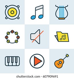 Multimedia Colored Outlines Set. Collection Of Tambourine, Keys, Loudspeakers And Other Elements. Also Includes Symbols Such As Start, Piano, Harp.