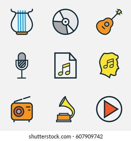 Multimedia Colored Outlines Set. Collection Of Strings, Circle, Harp And Other Elements. Also Includes Symbols Such As Start, Sound, Vinyl.