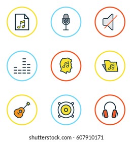 Multimedia Colored Outlines Set. Collection Of Mute, Amplifier And Other Elements. Also Includes Symbols Such As List, Folder, Microphone.