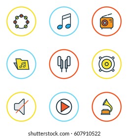 Multimedia Colored Outlines Set. Collection Of Sound, Set, Play And Other Elements. Also Includes Symbols Such As Off, On, Mute.