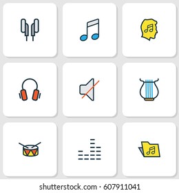 Multimedia Colored Outlines Set. Collection Of Mixer, Lover, Sound And Other Elements. Also Includes Symbols Such As Headphone, Lover, Notes.