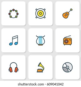 Multimedia Colored Outlines Set. Collection Of Harp, Strings, Gramophone And Other Elements. Also Includes Symbols Such As Harp, Notes, Guitar.