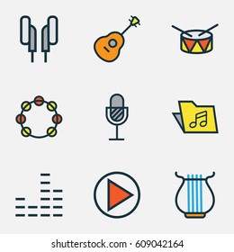 Multimedia Colored Outlines Set. Collection Of Template, Strings, Barrel And Other Elements. Also Includes Symbols Such As Headphone, Sound, Earphones.