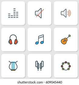 Multimedia Colored Outlines Set. Collection Of Mixer, Headphones, Tambourine And Other Elements. Also Includes Symbols Such As Harp, Guitar, Strings.