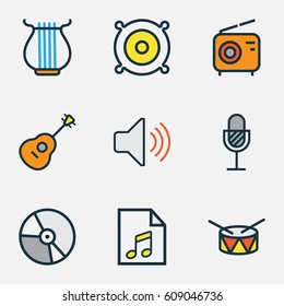 Multimedia Colored Outlines Set. Collection Of Amplifier, Harp, Barrel And Other Elements. Also Includes Symbols Such As Circle, Volume, Soundtrack.