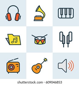 Multimedia Colored Outlines Set. Collection Of Volume, Strings, Keys And Other Elements. Also Includes Symbols Such As Keys, Piano, Bit.