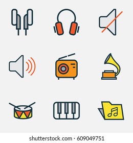 Multimedia Colored Outlines Set. Collection Of Keys, Headphones, Mute And Other Elements. Also Includes Symbols Such As Keys, Phonograph, Barrel.