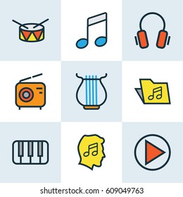 Multimedia Colored Outlines Set. Collection Of Sound, Keys, Template And Other Elements. Also Includes Symbols Such As Folder, Harp, On.