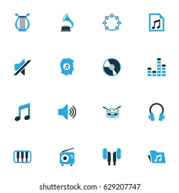 Multimedia Colorful Icons Set. Collection Of Headset, Radio, Note And Other Elements. Also Includes Symbols Such As Harp, Gramophone, Meloman.