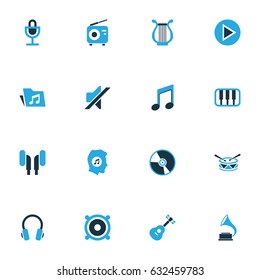 Multimedia Colorful Icons Set. Collection Of Drum, Piano, Gramophone And Other Elements. Also Includes Symbols Such As Phonograph, Guitar, Start.