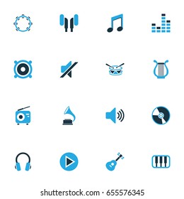 Multimedia Colorful Icons Set. Collection Of Drum, Speaker, Note And Other Elements. Also Includes Symbols Such As Mixer, Instrument, Play.