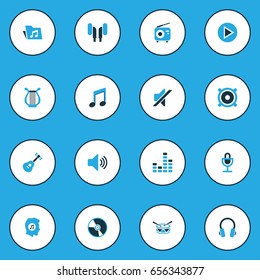 Multimedia Colorful Icons Set. Collection Of Volume, Harp, Drum And Other Elements. Also Includes Symbols Such As Mic, Cd, Start.
