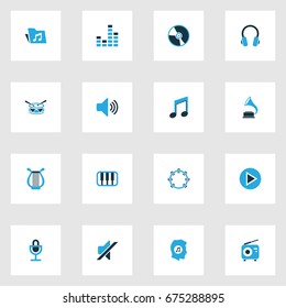 Multimedia Colorful Icons Set. Collection Of Vinyl, Volume, Harp And Other Elements. Also Includes Symbols Such As Headset, Mic, Silent.
