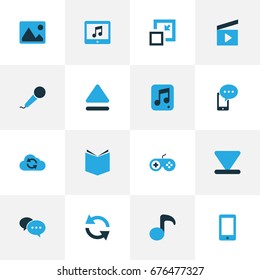 Multimedia Colorful Icons Set. Collection Of Bottom, Microphone, Cellphone And Other Elements. Also Includes Symbols Such As Musical, Dialog, Application.