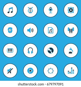 Multimedia Colorful Icons Set. Collection Of Note, Mute, Gramophone And Other Elements. Also Includes Symbols Such As Gramophone, Vinyl, Playlist.
