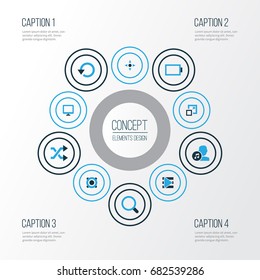 Multimedia Colorful Icons Set. Collection Of Composer, Repeat, Empty Accumulator And Other Elements. Also Includes Symbols Such As Amplifier, List, Music.