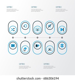 Multimedia Colorful Icons Set. Collection Of Randomize, Signal, Photo Elements. Also Includes Symbols Such As Chart, Button, Repeat.