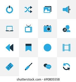 Multimedia Colorful Icons Set. Collection Of Television, Camera, Notebook And Other Elements. Also Includes Symbols Such As Recording, Synchronize, Television.