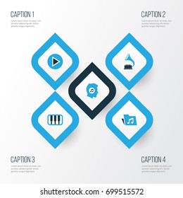 Multimedia Colorful Icons Set. Collection Of Piano, Gramophone, Folder And Other Elements. Also Includes Symbols Such As Music, Button, Dossier.