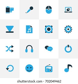 Multimedia Colorful Icons Set. Collection Of Bottom, Playlist, Control Device And Other Elements. Also Includes Symbols Such As Headset, Repeat, Power.