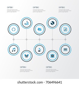 Multimedia Colorful Icons Set. Collection Of Gramophone, Piano, Note And Other Elements. Also Includes Symbols Such As Timbrel, Percussion, Controlling.