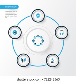 Multimedia Colorful Icons Set. Collection Of Tambourine, Music Lover, Headset And Other Elements. Also Includes Symbols Such As Earphone, Music, Headset.
