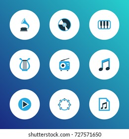 Multimedia Colorful Icons Set. Collection Of Tambourine, Harp, Play And Other Elements. Also Includes Symbols Such As Note, Cd, Playlist.