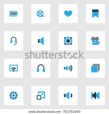 Multimedia Colorful Icons Set. Collection Of Headset, Decrease, Filmstrip And Other Elements. Also Includes Symbols Such As Video, Cast, Camera.