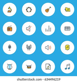 Multimedia Colorful Outline Icons Set. Collection Of Strings, Headphones, Sound And Other Elements. Also Includes Symbols Such As Off, Fanatic, Mute.