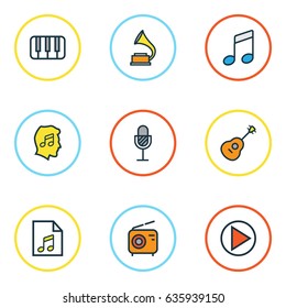 Multimedia Colorful Outline Icons Set. Collection Of Lover, Sound, Strings And Other Elements. Also Includes Symbols Such As Radio, Soundtrack, Notes.