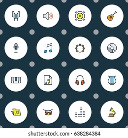 Multimedia Colorful Outline Icons Set. Collection Of Mixer, Strings, Harp And Other Elements. Also Includes Symbols Such As Gadget, Speaker, Vinyl.