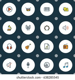Multimedia Colorful Outline Icons Set. Collection Of List, Amplifier, Sound And Other Elements. Also Includes Symbols Such As Start, Soundtrack, Play.