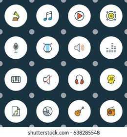 Multimedia Colorful Outline Icons Set. Collection Of Amplifier, Gramophone, Mixer And Other Elements. Also Includes Symbols Such As Piano, Vinyl, Music.