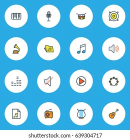 Multimedia Colorful Outline Icons Set. Collection Of Mixer, Mute, Barrel And Other Elements. Also Includes Symbols Such As Template, Bit, Volume.