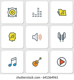 Multimedia Colorful Outline Icons Set. Collection Of Mixer, Lover, Sound And Other Elements. Also Includes Symbols Such As Instrument, Fanatic, Play.