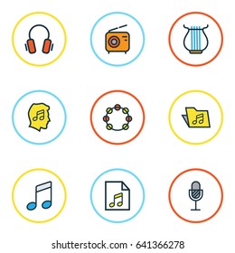 Multimedia Colorful Outline Icons Set. Collection Of Earphones, Tambourine, Set And Other Elements. Also Includes Symbols Such As Lover, Microphone, Earphones.