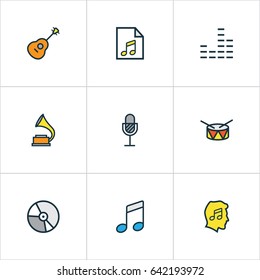 Multimedia Colorful Outline Icons Set. Collection Of Lover, Gramophone, Mixer And Other Elements. Also Includes Symbols Such As Circle, Notes, Sound.