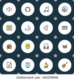 Multimedia Colorful Outline Icons Set. Collection Of Keys, List, Mixer And Other Elements. Also Includes Symbols Such As Piano, Tambourine, Drum.