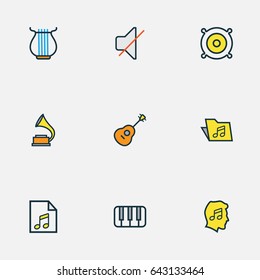 Multimedia Colorful Outline Icons Set. Collection Of List, Keys, Loudspeakers And Other Elements. Also Includes Symbols Such As Off, Guitar, Template.