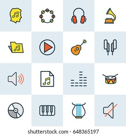 Multimedia Colorful Outline Icons Set. Collection Of Barrel, Strings, Mute And Other Elements. Also Includes Symbols Such As Strings, Mute, Harp.