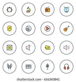 Multimedia Colorful Outline Icons Set. Collection Of Tambourine, Gramophone, Circle And Other Elements. Also Includes Symbols Such As On, Phonograph, Start.